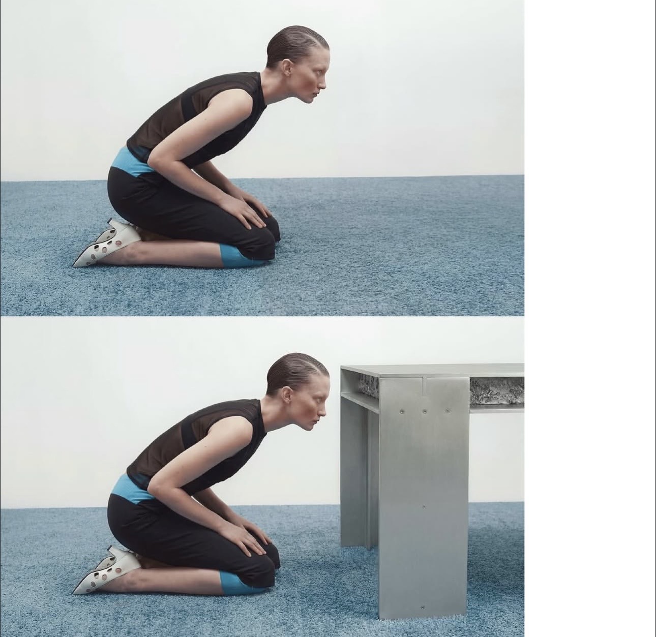 meeting table editorial — figure in black kneeling before the table