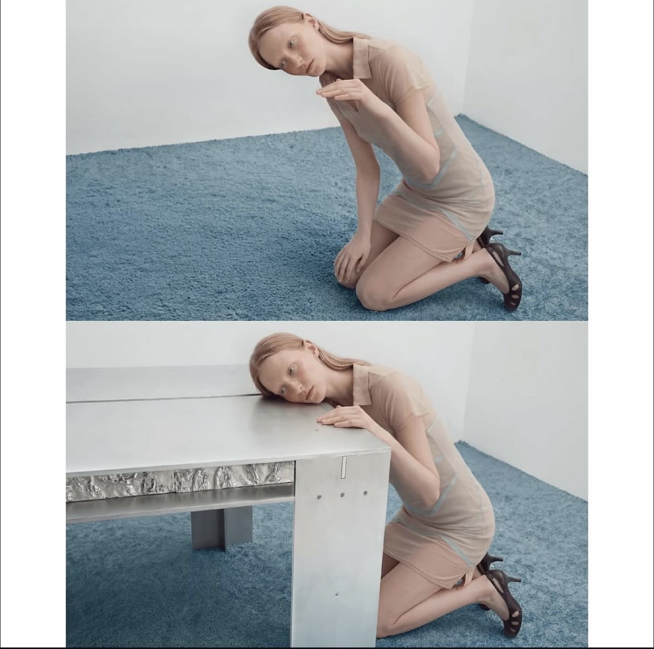 meeting table editorial — figure in cream resting against the table